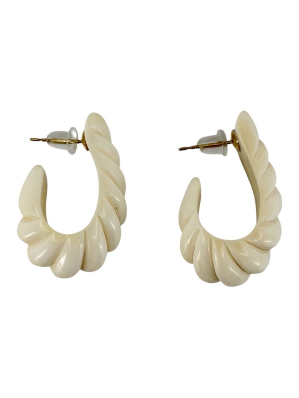 Vintage 14k gold carved ivory shrimp J hoop earrings - GM1049
